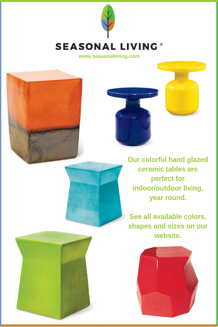 Colorful glazed ceramic accent tables for indoor outdoor living from Seasonal Living Trading Company